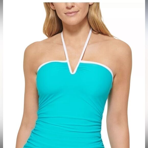 Calvin Klein V-Wire Bandeau Halter Tankini Swim Top Tropical Waters Blue XXL New - Picture 2 of 9